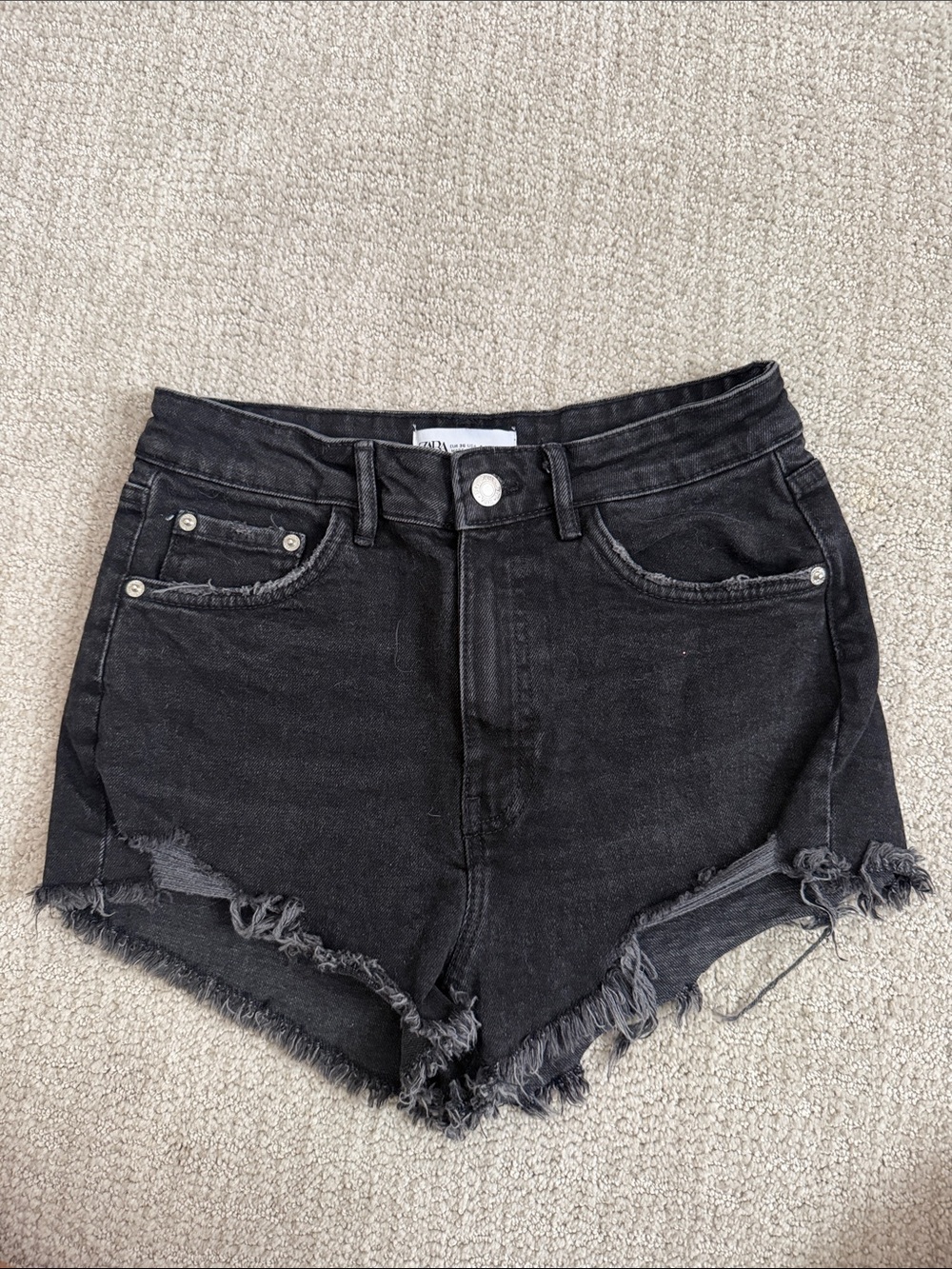 Zara Black Frayed Hem High-Waist Denim Shorts